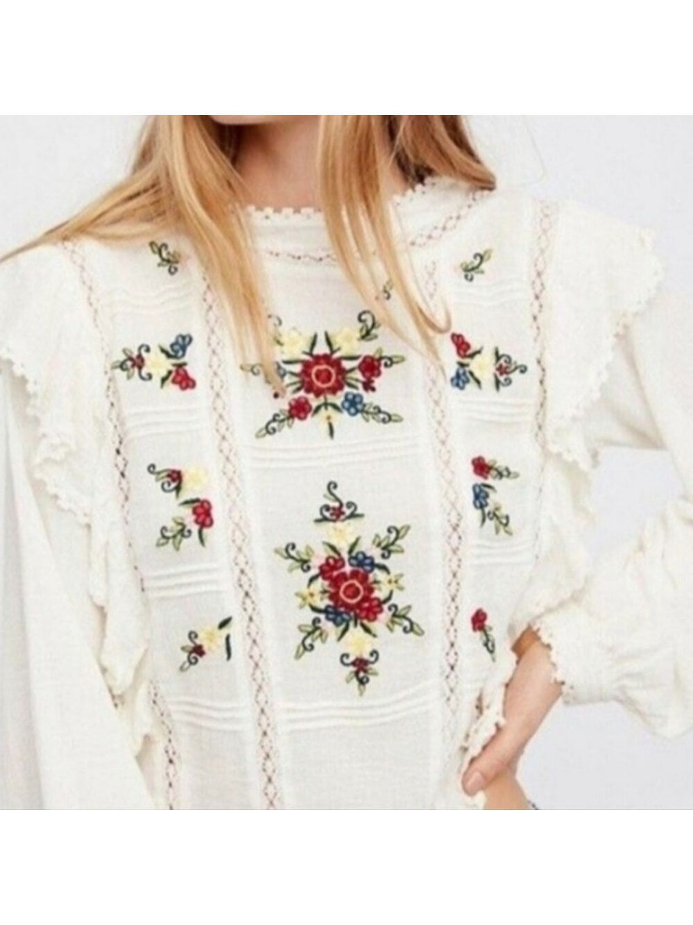 Free People Amy Ruffle Embroidered Woven Top